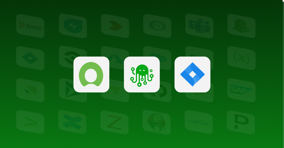Green gradient background with the ZigiOps green octopus logo in the center, flanked by the Jira and ServiceNow logos.
