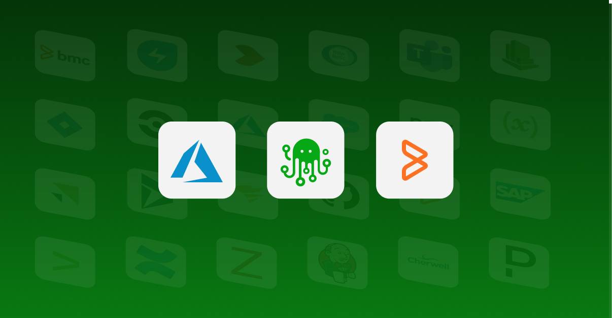 Split white and green background with ZigiOps logo in the middle, flanked by Azure DevOps and BMC logos