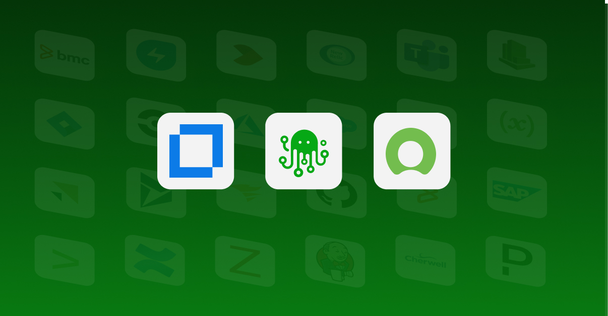 Green gradient background with the ZigiOps green octopus logo, flanked by the OpsBridge and ServiceNow logos.