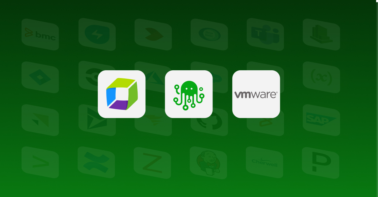 Green gradient background with ZigiOps octopus logo, flanked by Dynatrace and VMware logos