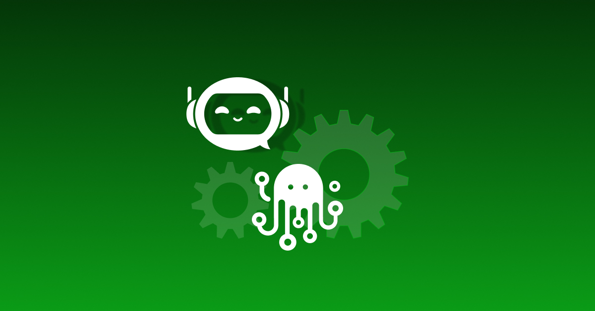 ZigiOps integration concept with a chatbot, AI octopus, and gears representing automation and system connectivity