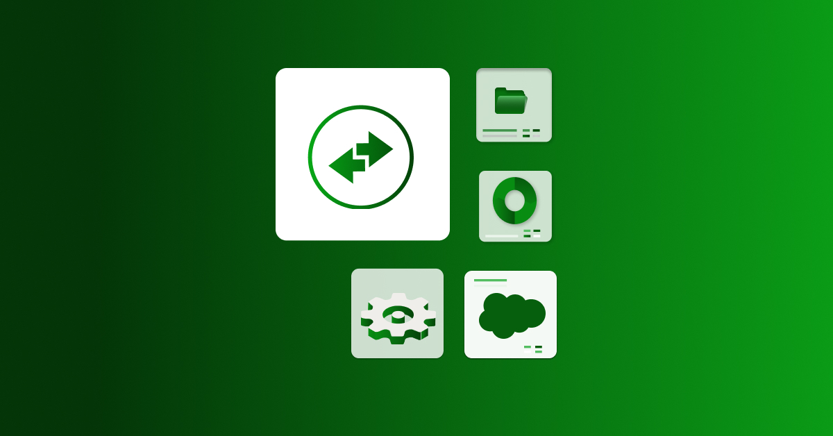 Data migration and integration icons including file transfer, cloud, settings, storage, and folder on green background.