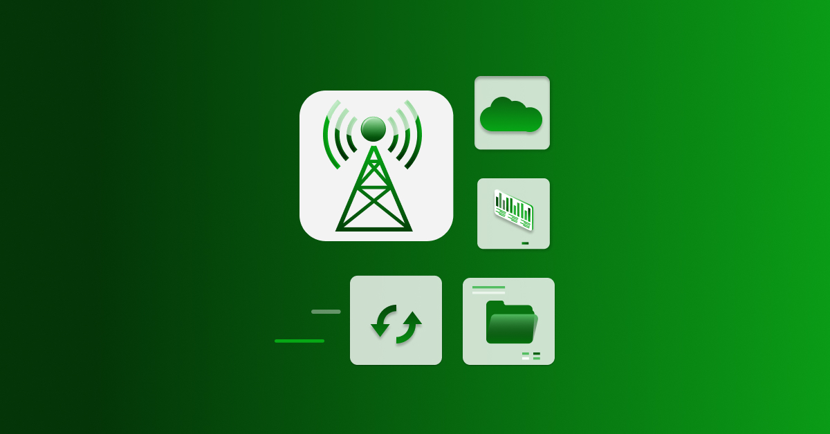 Telecom illustration with antenna, cloud, analytics, sync, and folder icons on green background