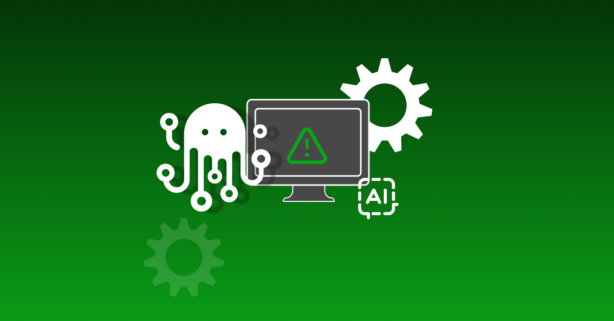 Illustration of an octopus-shaped automation icon, computer monitor with warning symbol, AI label, and gear icons on a green gradient background representing system integration and automation error.