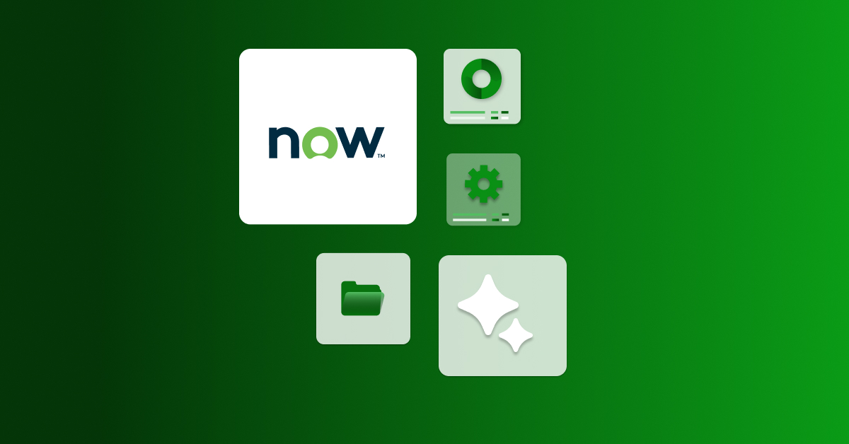 ServiceNow logo with green gradient background and icons representing data, settings, folders, and AI innovation.