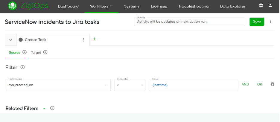 ZigiOps trigger configuration screen with conditional rules to sync only new or updated ServiceNow incidents. 