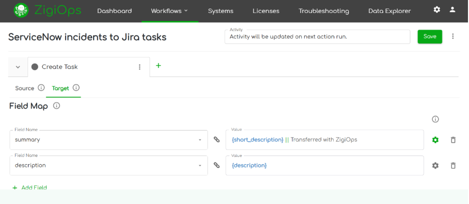 ZigiOps visual field mapping interface linking ServiceNow Incident fields to Jira Task fields such as Summary, Description, and Priority. 