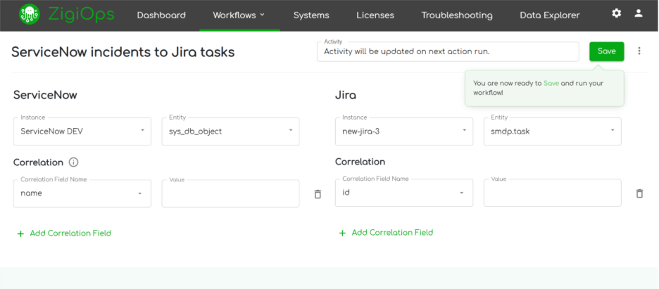ZigiOps correlation configuration panel showing mapping between ServiceNow correlation_id and Jira issue key for bi-directional sync.  