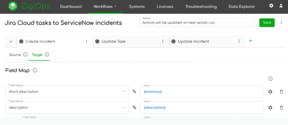 Screenshot of the ZigiOps no-code integration interface showing workflow configuration and field mapping options for Jira issue synchronization.