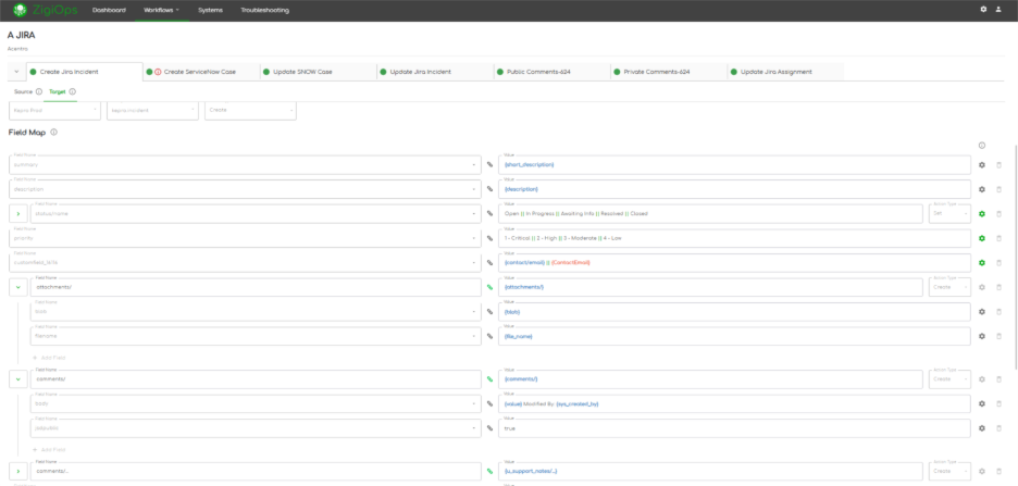 Screen capture of ZigiOps Field mapping in a Jira integration – in details    