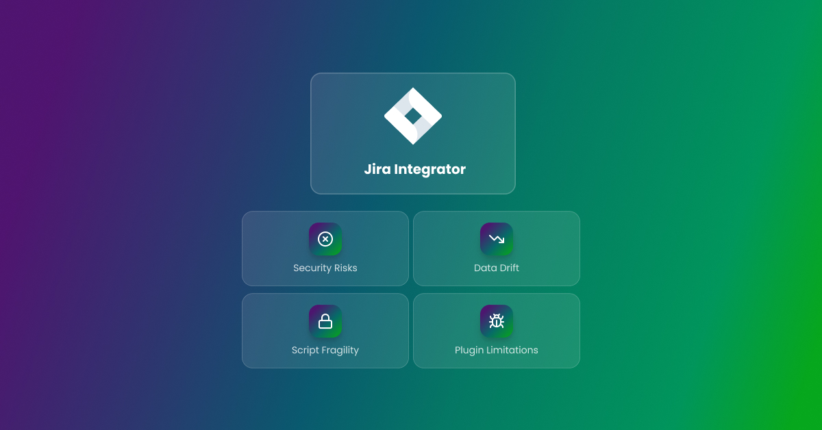 Jira integrator challenges including security risks, data drift, fragile scripts, and plugin limitations.