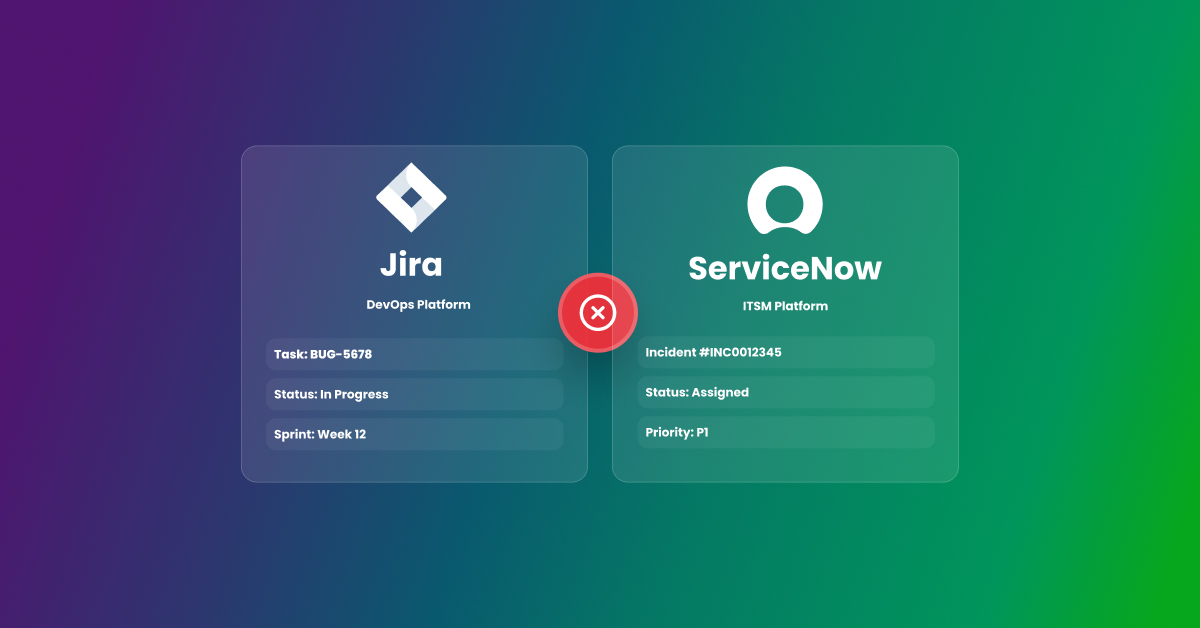 Visualization of Jira and ServiceNow integration pitfalls, highlighting unsynced task and incident data between DevOps and ITSM teams