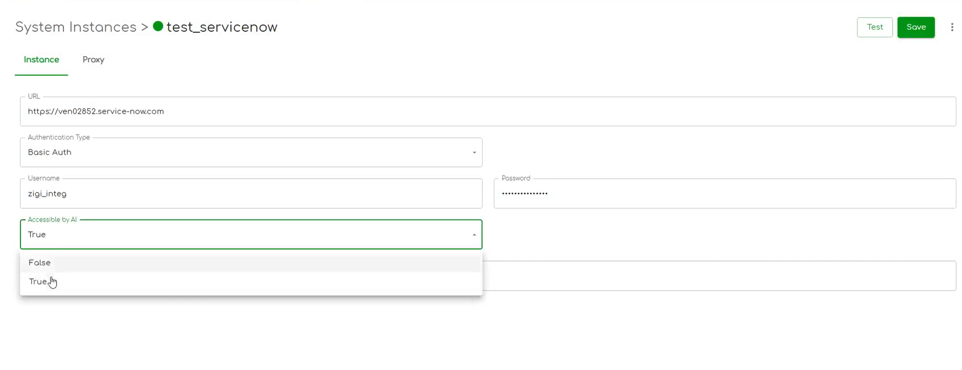 ZigiOps UI showing a system instance with “Accessible by AI” set to true, generating a secure MCP endpoint link.