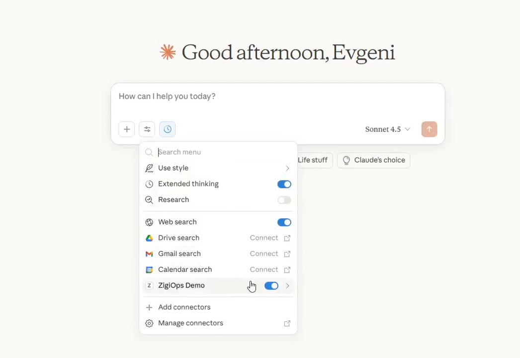 Claude AI settings screen displaying the ZigiOps Demo custom MCP connector added using a secure MCP URL.