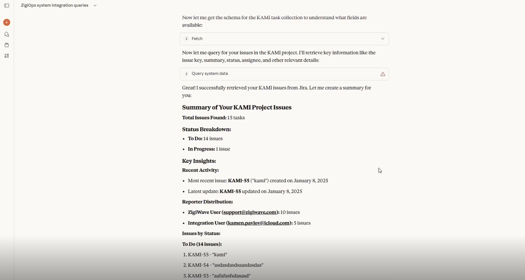 Claude AI summarizing Jira KAMI project issues and key insights retrieved in real time through ZigiOps MCP.