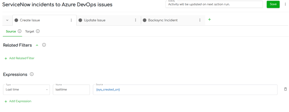 ZigiOps ServcieNow Azure DevOps integration setup screen – related filters and expressions fields shown 