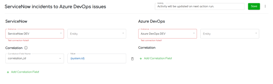 ZigiOps ServiceNow Azure DevOps integration template fields 