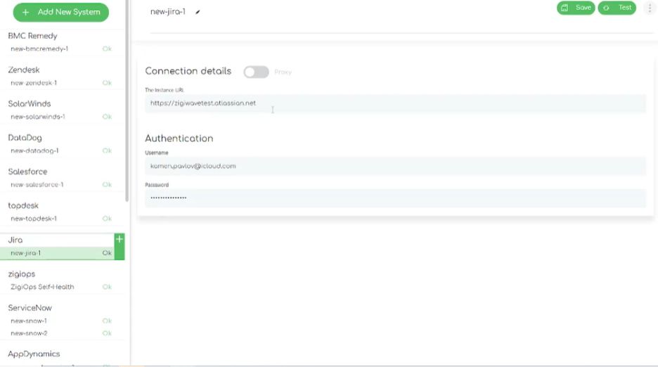 Screenshot of the ZigiOps board with the connecting details to the Atlassian Jira 