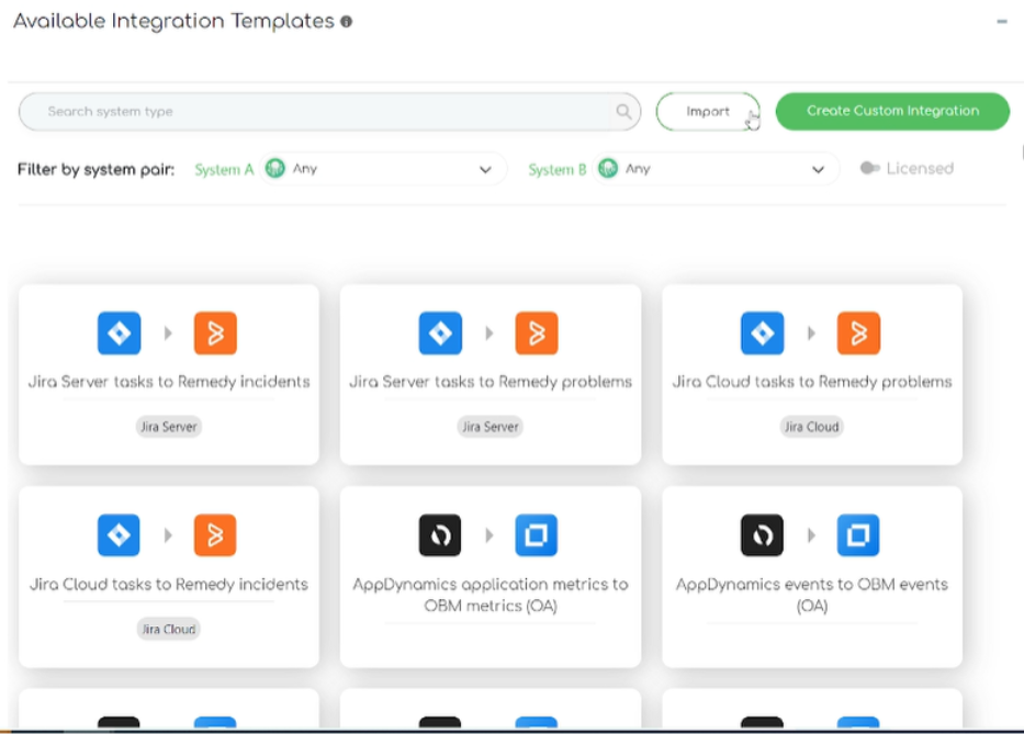 Close up screenshot of the ZigiOps pre-defined template gallery available 
