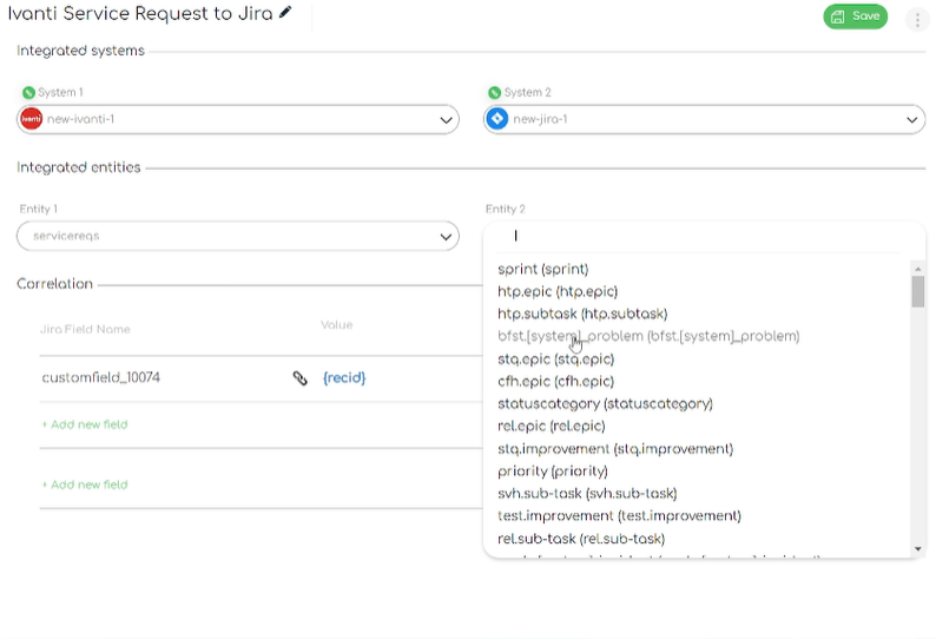 Close up screenshot of the Ivanti to Jira integration in ZigiOps: the Jira entities field menu 