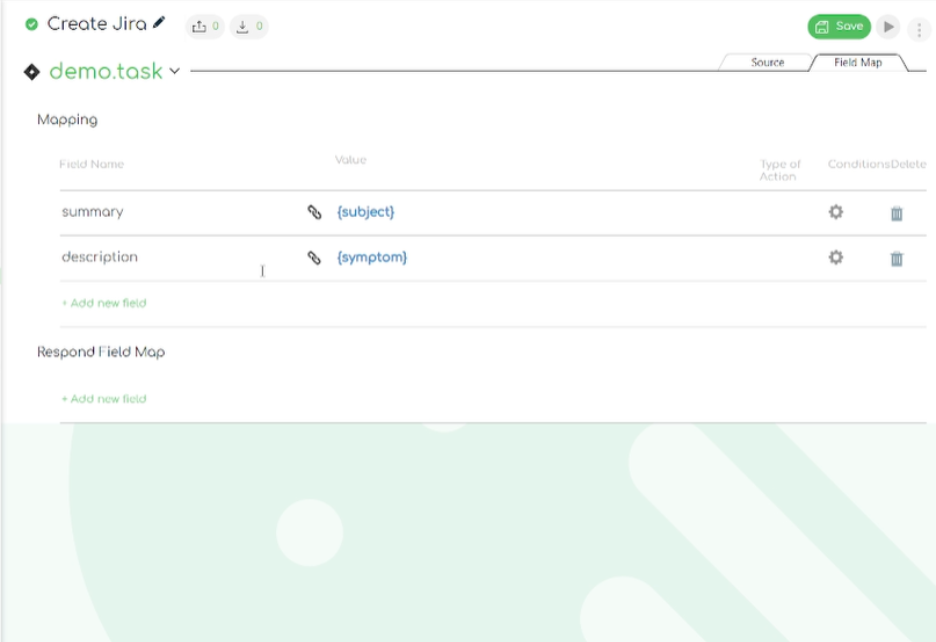 Close up screenshot of the Ivanti to Jira integration template: creating jira task – mapping fields 