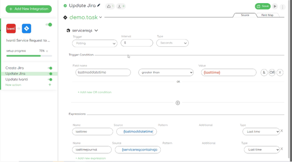 Close up screenshot of the Ivanti to Jira integration template: updating jira – expressions and trigger conditions fields 