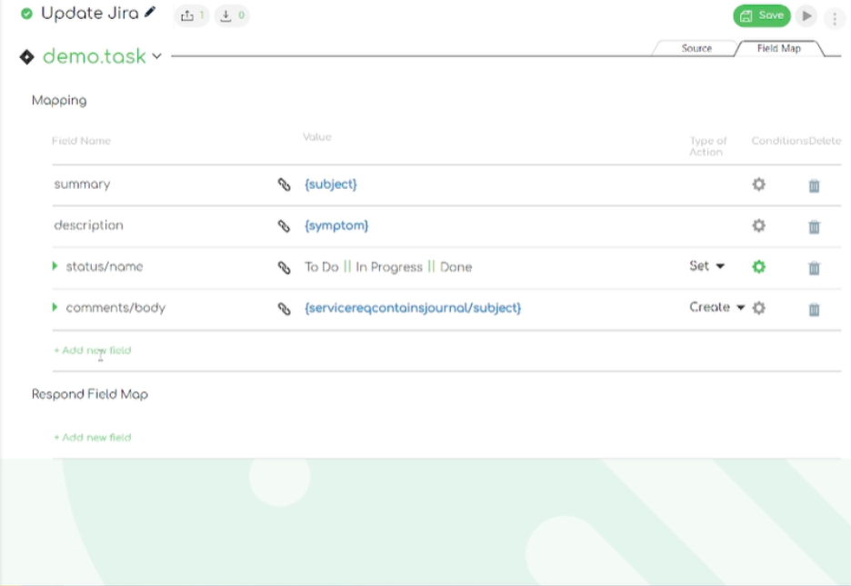 Close up screenshot of the Ivanti to Jira integration template: updating jira –mapping fields 