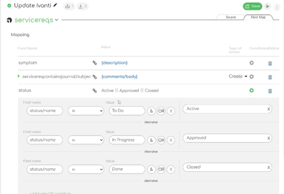 Close up screenshot of the Ivanti to Jira integration template: updating ivanti –mapping fields 