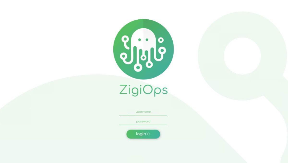 Screenshot of the white and green ZigiOps platform's log in form with boxes for entering credentials like username and password