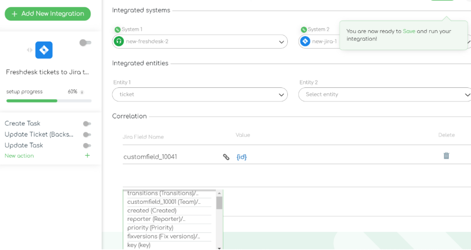 Snapshot of ZigiOps Freshdesk Jira integration template showing the correlation fields available