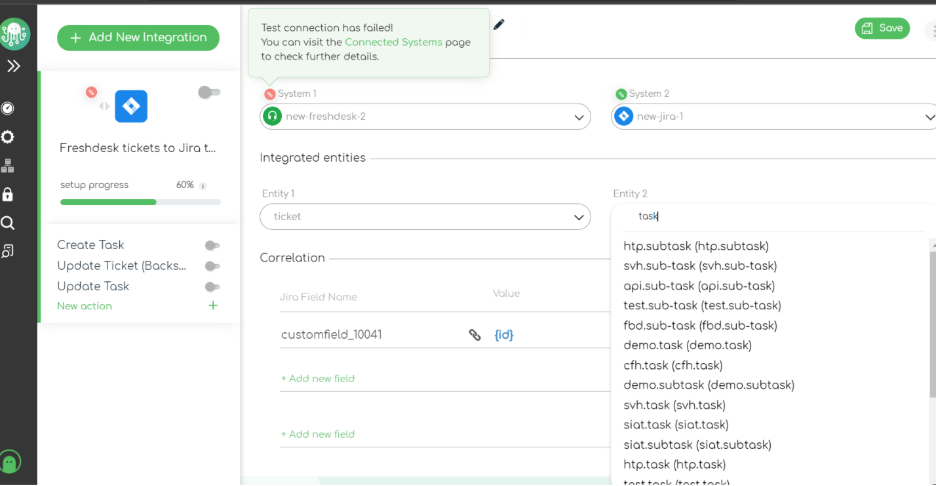 Screenshot of ZigiOps Freshdesk to Jira integration template  with initial info on entities and their values displayed in a drop-down menu