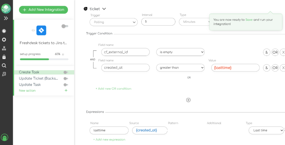 Snapshot of ZigiOps Freshdesk Jira integration template - the Creating Jira Task action with the trigger and trigger condition fields