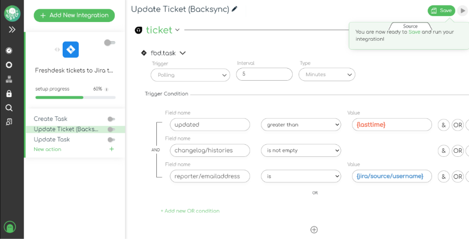 Snapshot of ZigiOps Freshdesk Jira integration template - updating ticket (backsync) action trigger and trigger condition fields and values