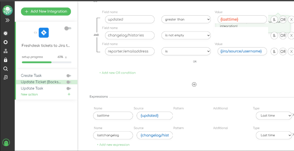 Snapshot of ZigiOps Jira Freshdesk integration template - update ticket (backsync) expression fields