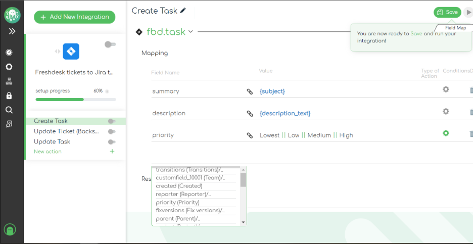 Spanshot of ZigiOps Jira Freshdesk inetgration template - mapping fields and values in creating task