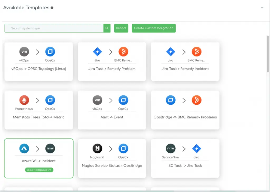 ZigiOps list of pre-defined integration templates for supported systems 