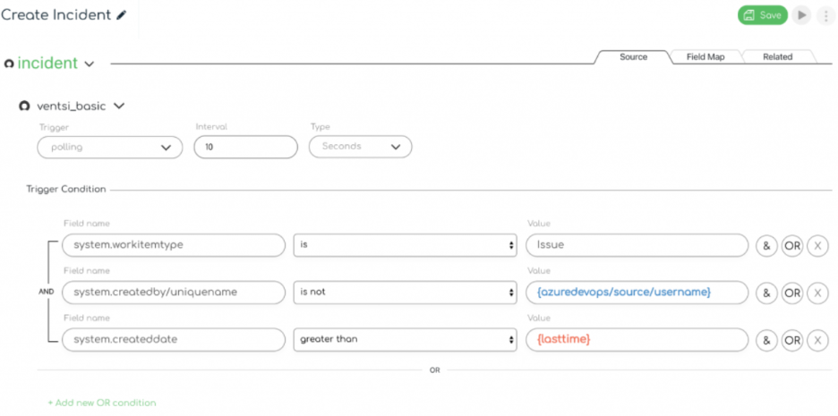 ZigiOps Azure DevOps ServiceNow integration – incident trigger conditions fields 