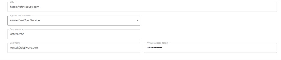 ZigiOps connection details fields to Azure DevOps instance 