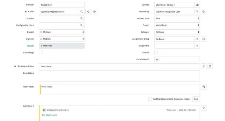 Screenshot of Azure DevOps instance with various fields 