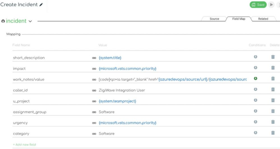  ZigiOps Azure DevOps ServiceNow integration – create incident mapping fields 