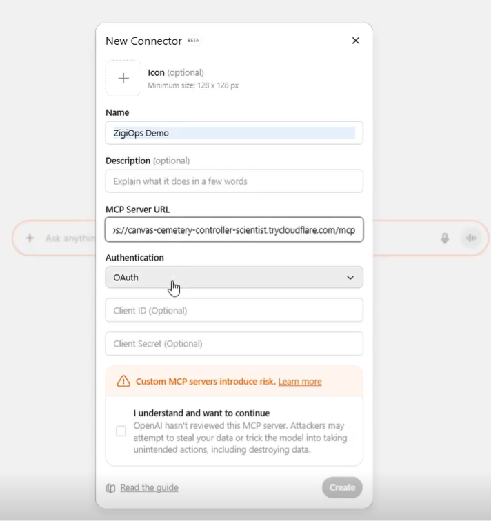 Adding ZigiOps MCP as a Model Context Protocol provider in ChatGPT to enable secure access to enterprise systems 
