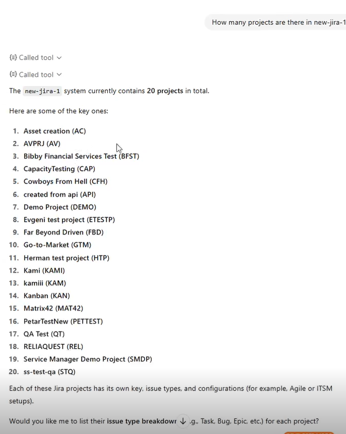 ChatGPT listing Jira project issues using real-time data retrieved securely through ZigiOps MCP 