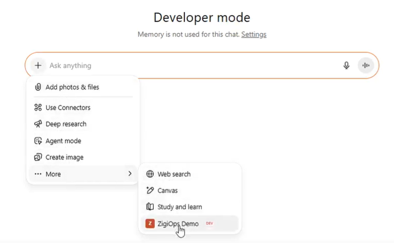 Activating the ZigiOps MCP provider inside a ChatGPT conversation to allow real-time enterprise data queries 