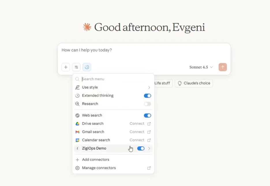 Claude AI settings screen displaying the ZigiOps Demo custom MCP connector added using a secure MCP URL. 