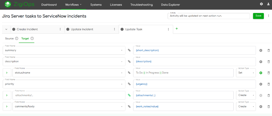 ZigiOps field mapping configuration screen showing conditional status and priority mappings between Jira and ServiceNow