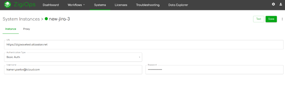 ZigiOps UI showing the Connected Systems configuration screen for Jira