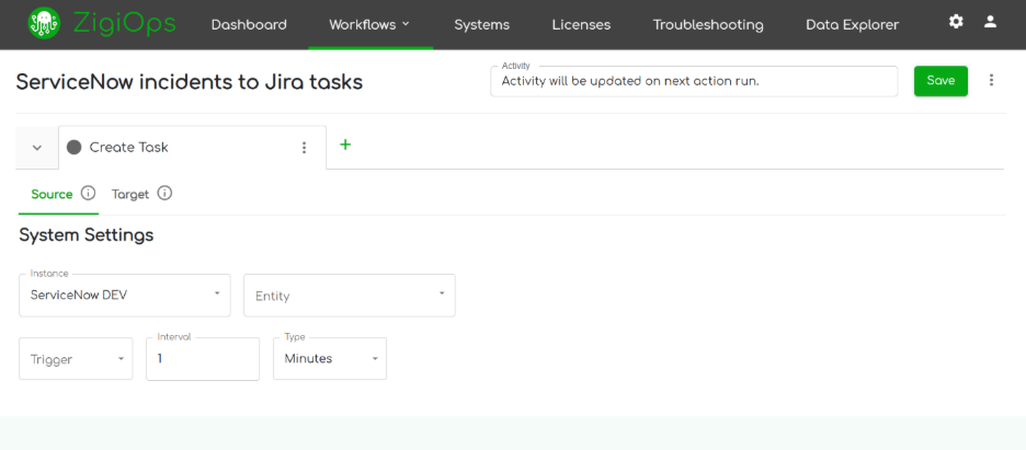 ZigiOps trigger configuration screen showing Polling and Listener trigger options