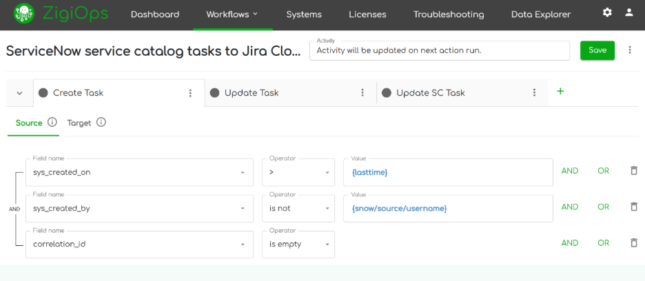 ZigiOps filter and condition configuration screen for Jira ServiceNow integration