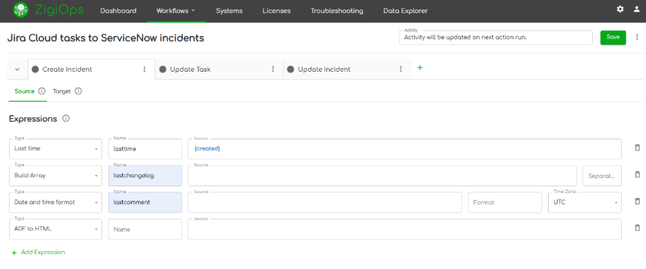 igiOps Expressions in action: converting an epoch timestamp from ServiceNow into a human-readable date string for Jira.