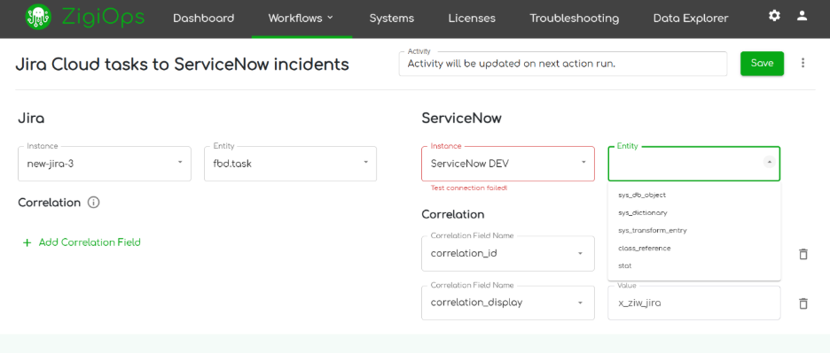 ZigiOps entity selection screen showing Jira Task and ServiceNow Incident as the integration pair